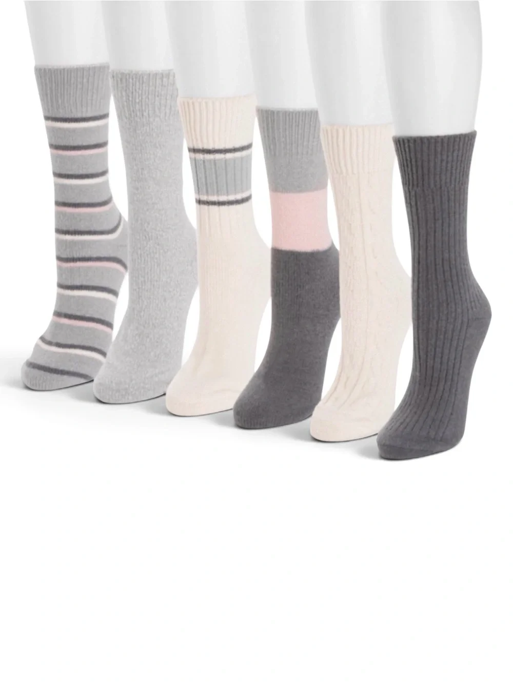 NEW Muk Luks Boot Socks Pink/Gray 6-Pack Crew Fits Women’s Shoe Sizes 6-11 NWT